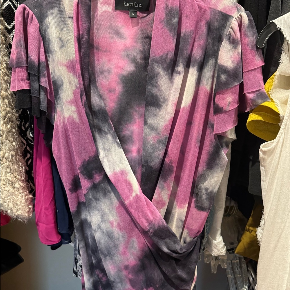 Karen Kane Pink and Black with a tie-dye look Top